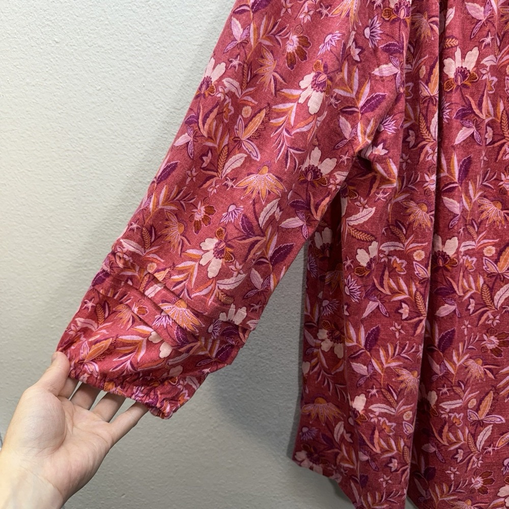 J.Jill XL Floral Top Scoop Neck Red Cotton Modal Pullover Pleated Long Sleeves - Picture 3 of 5